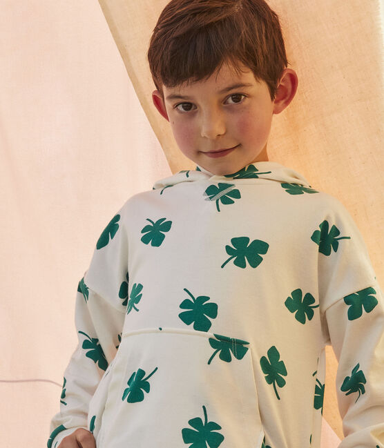 Sweatshirt à capuche en molleton enfant garçon blanc MARSHMALLOW/vert GAZON