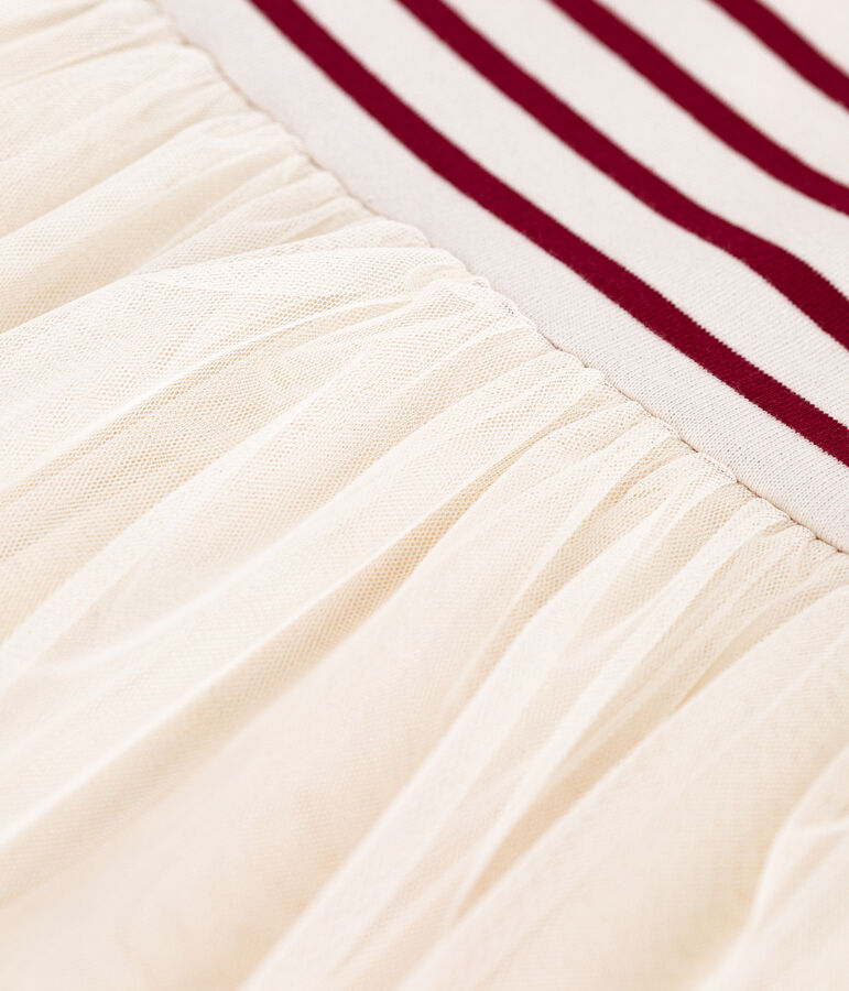 Kinderjurk met lange mouwen in katoen en keperstof ecru/rood