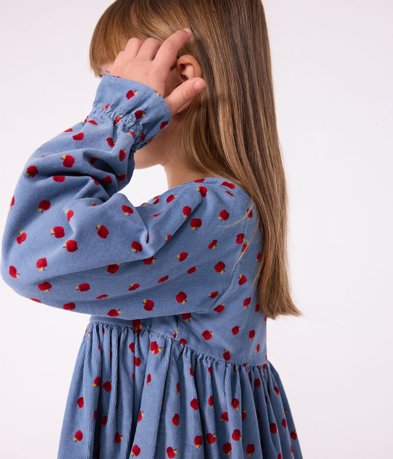 Robe enfant manches longues en velours imprim&eacute; bleu/multicouleur