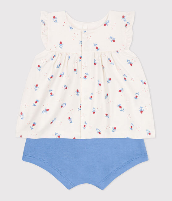 Ensemble naissance deux pièces en coton avec blouse volanté blanc MARSHMALLOW/blanc MULTICO