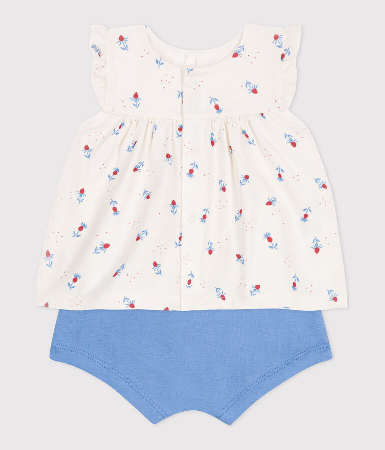 Ensemble naissance deux pi&egrave;ces en coton avec blouse volant&eacute; blanc MARSHMALLOW/blanc MULTICO