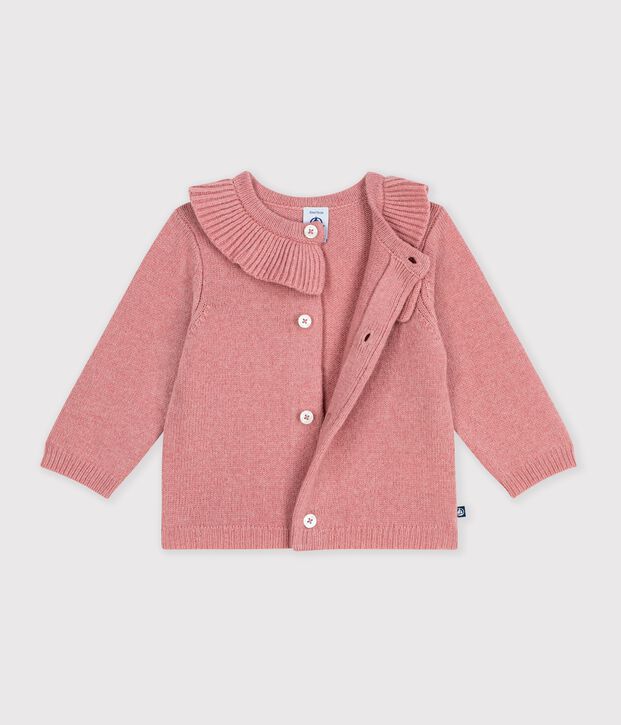 Effen babyvestje in tricot van wol en katoen met kraagje roze