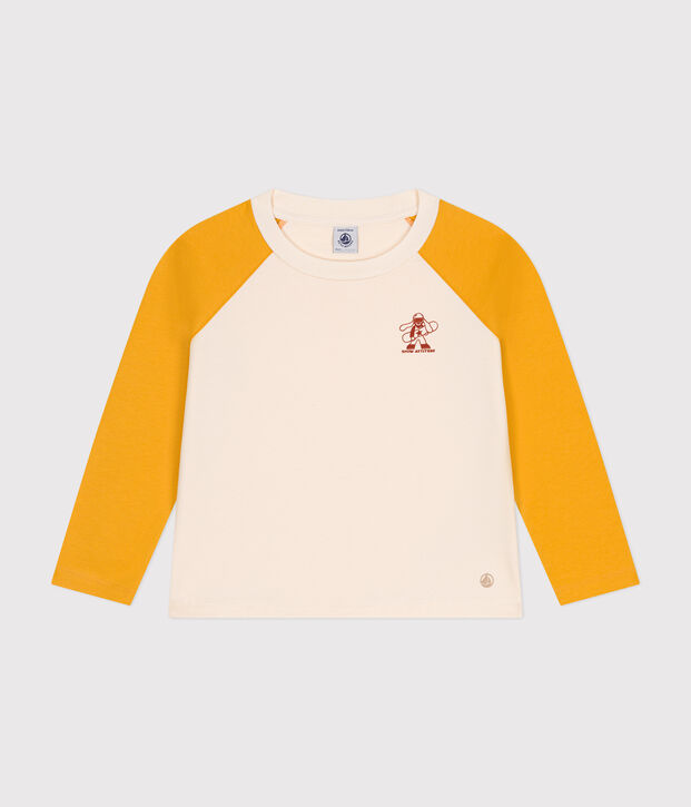 Tee-shirt manches longues en coton enfant gar&ccedil;on &eacute;cru/jaune