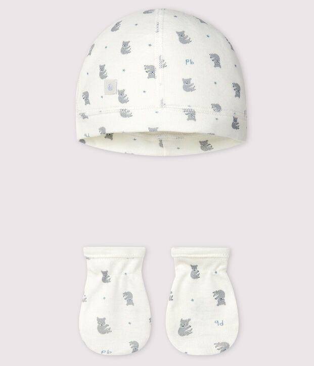 Lot bonnet naissance et moufles b&eacute;b&eacute; en c&ocirc;te multicouleur