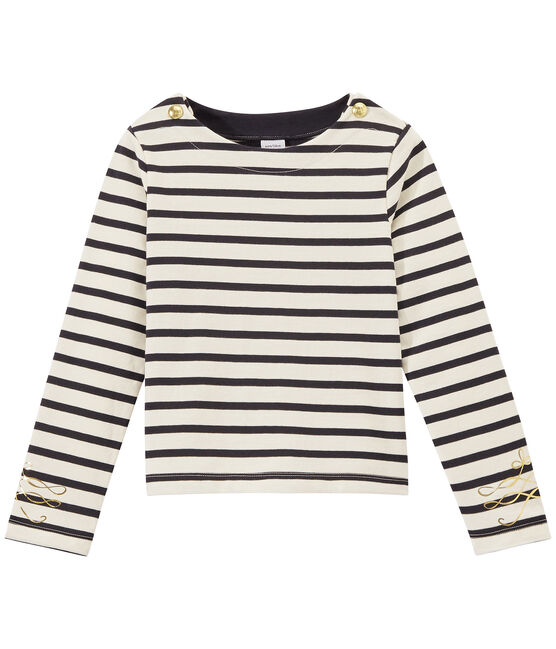 Marinetrui met lange mouwen in zware jersey voor meisjes wit MARSHMALLOW/blauw SMOKING