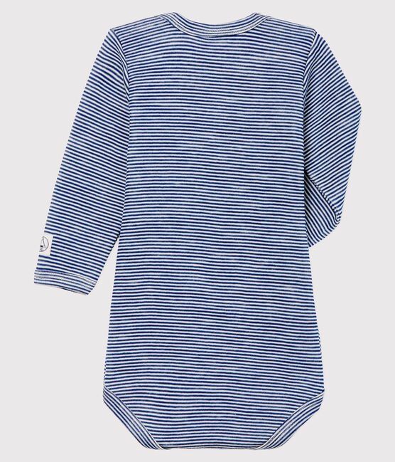 Babybody met lange mouwen en strepen in wol en katoen blauw MEDIEVAL/wit MARSHMALLOW