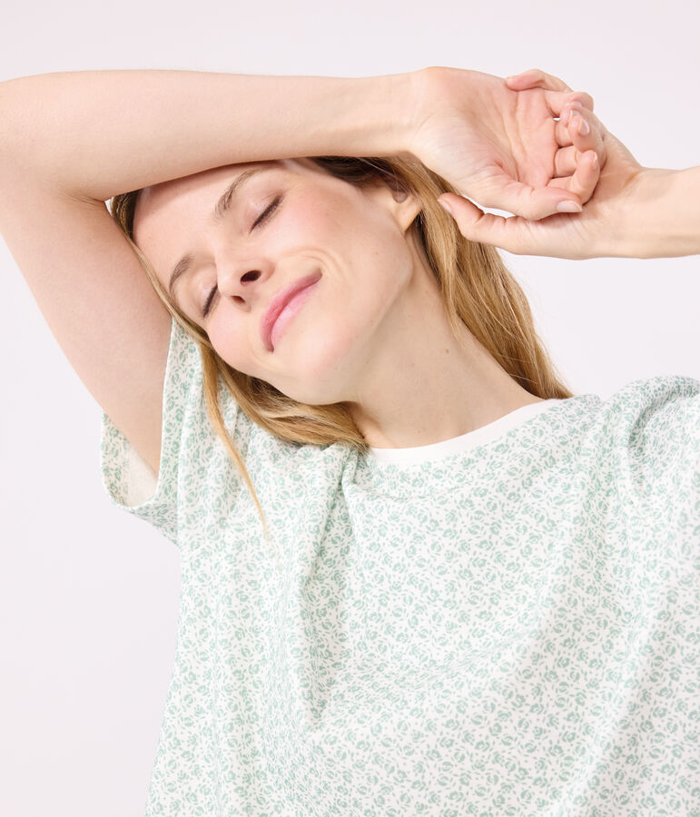 Pyjama short femme en coton fleuri blanc/vert