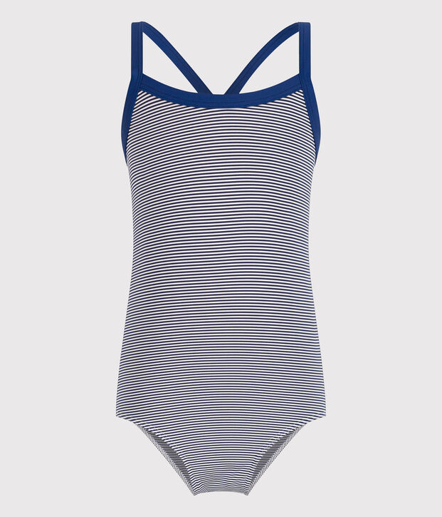Maillot de bain 1 pi&egrave;ce &agrave; rayures enfant fille bleu/blanc