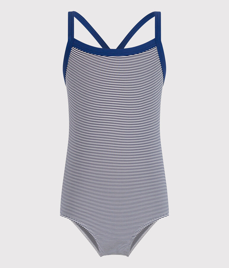 Gestreept eendelig zwempak voor meisjes blauw/wit