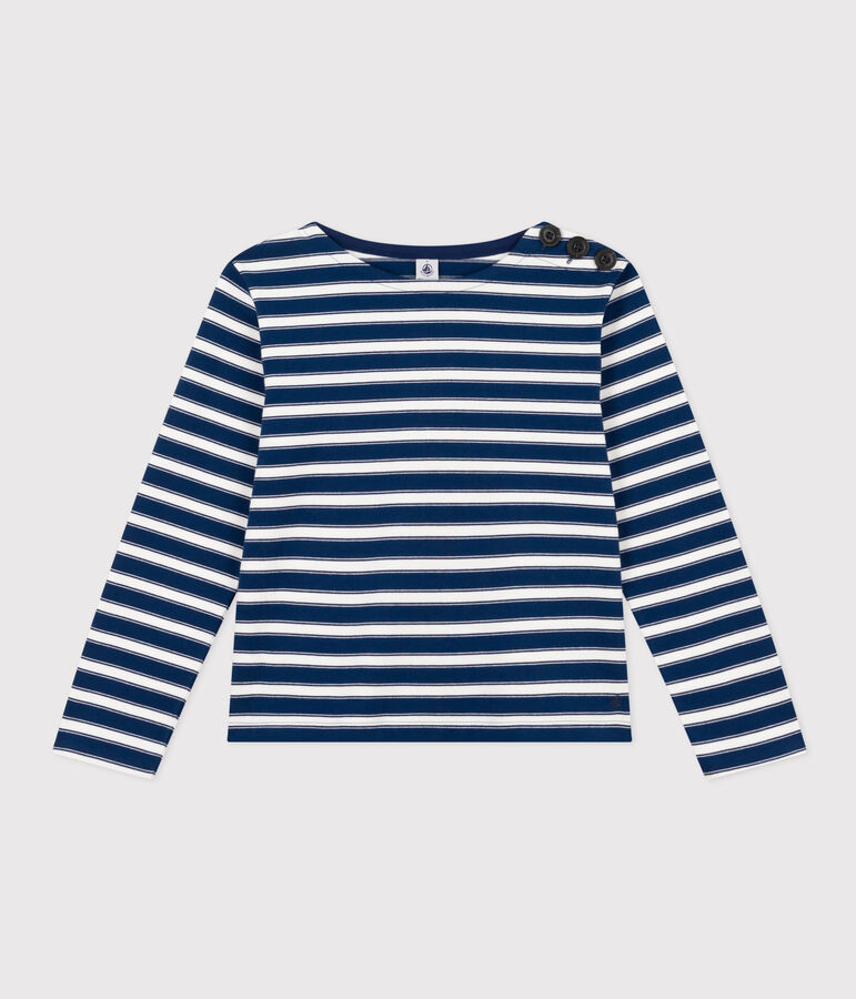 Katoenen marinetruitje met knoopsluiting voor dames blauw/wit