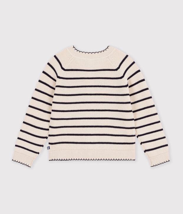 Kindervestje van wol en katoen met strepen ecru/blauw