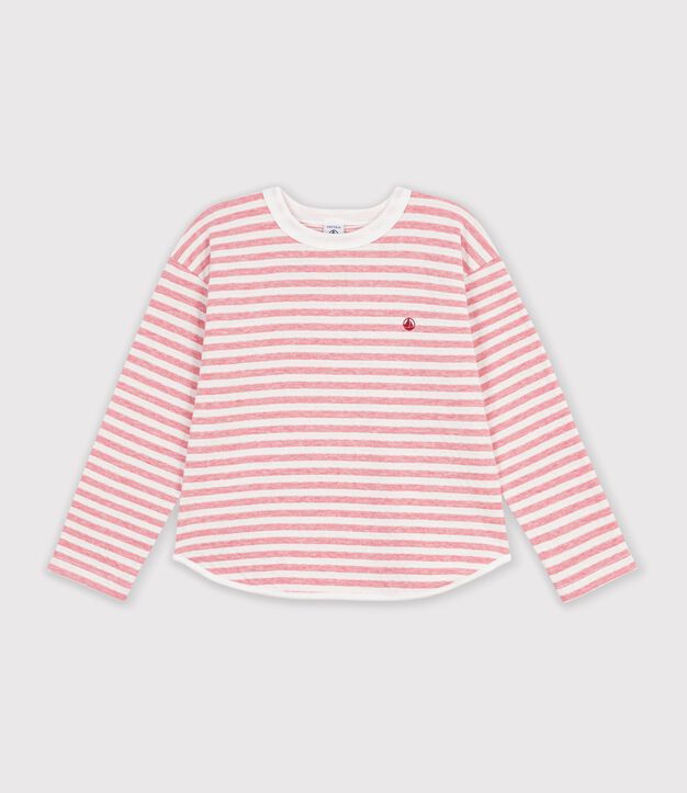 Katoenen T-shirt met lange mouwen en strepen voor kinderen roze/ecru