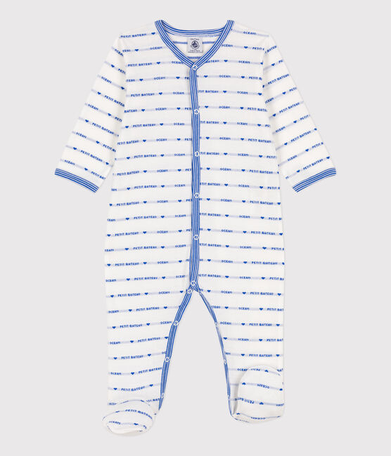 Dors-bien jacquard en coton blanc MARSHMALLOW/bleu PERSE