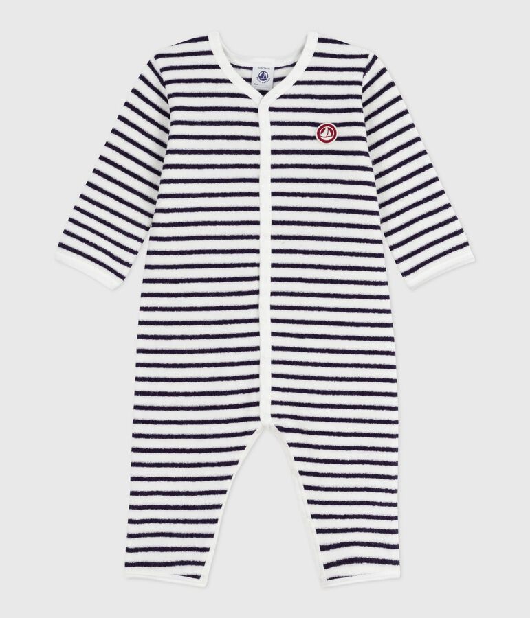 Katoenen babypyjama zonder voetjes met streepjesprint ecru/blauw