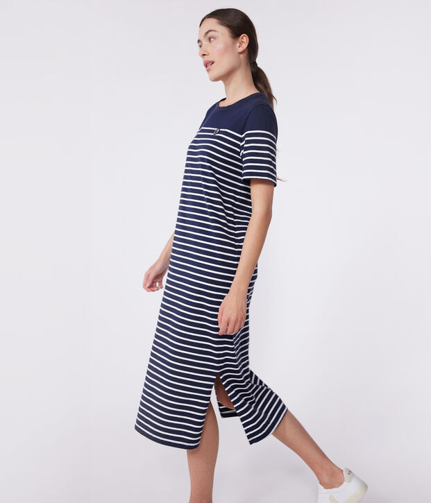 Robe longue femme en coton &agrave; rayures bleu/blanc