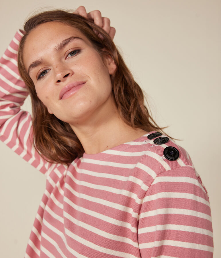 Katoenen marineshirt met knopen voor dames roze/ecru