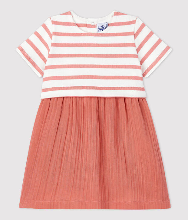 Jurk uit twee materiaal van katoenen gaas en dikke bio jerseystof voor baby's wit/roze