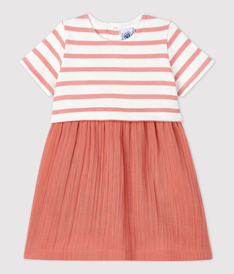 Jurk uit twee materiaal van katoenen gaas en dikke bio jerseystof voor baby's wit/roze