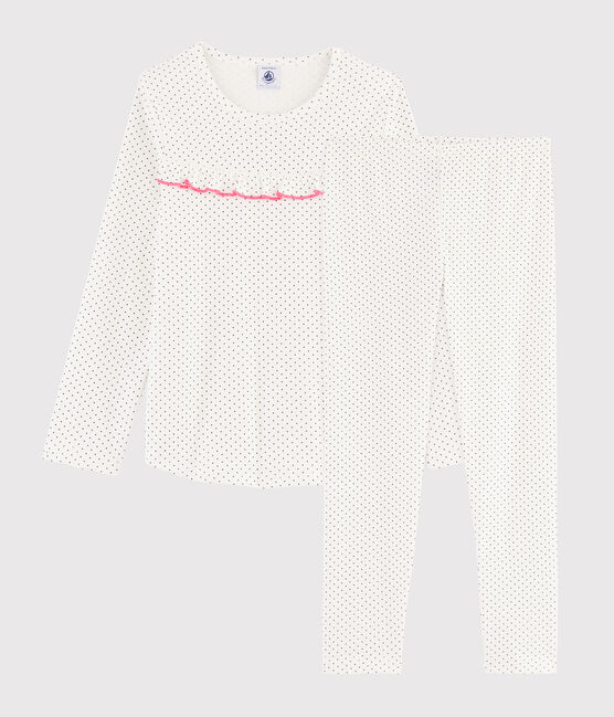 Pyjama à pois petite fille en côte blanc MARSHMALLOW/bleu MEDIEVAL