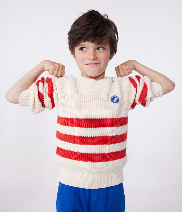 Pull enfant en coton &agrave; rayures &eacute;cru/rouge