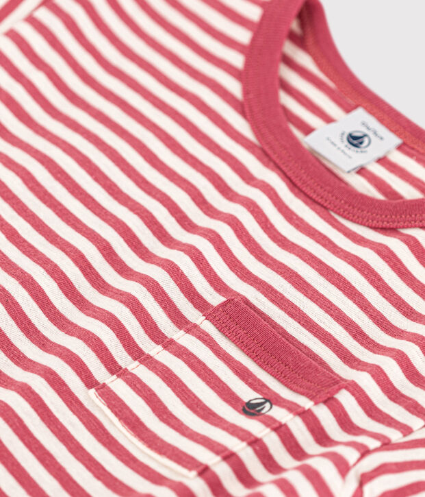 T-shirt met korte mouwen in gevlamde jersey met strepen voor baby's roze/ecru