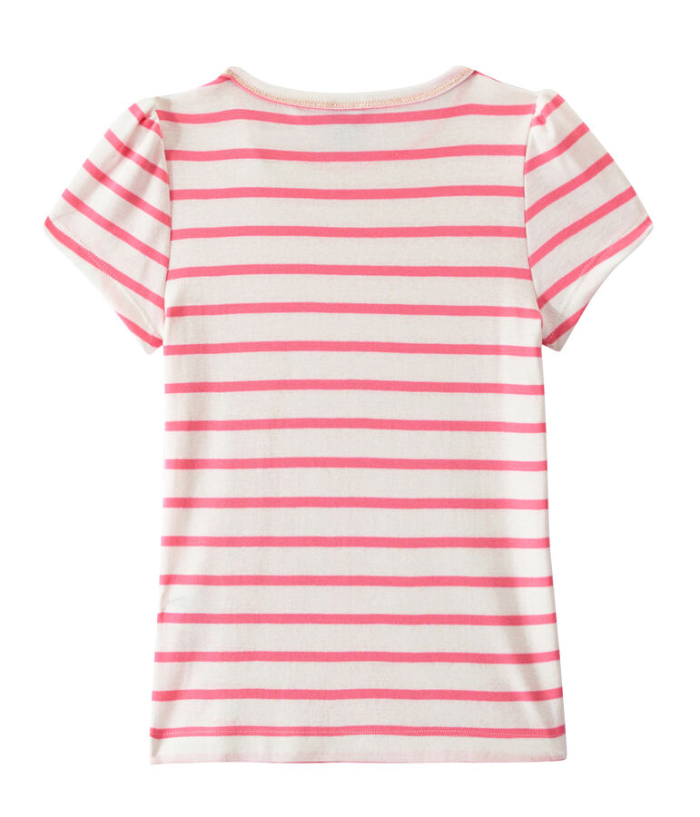 Marinegestreept meisjes-T-shirt wit MARSHMALLOW/roze PETAL