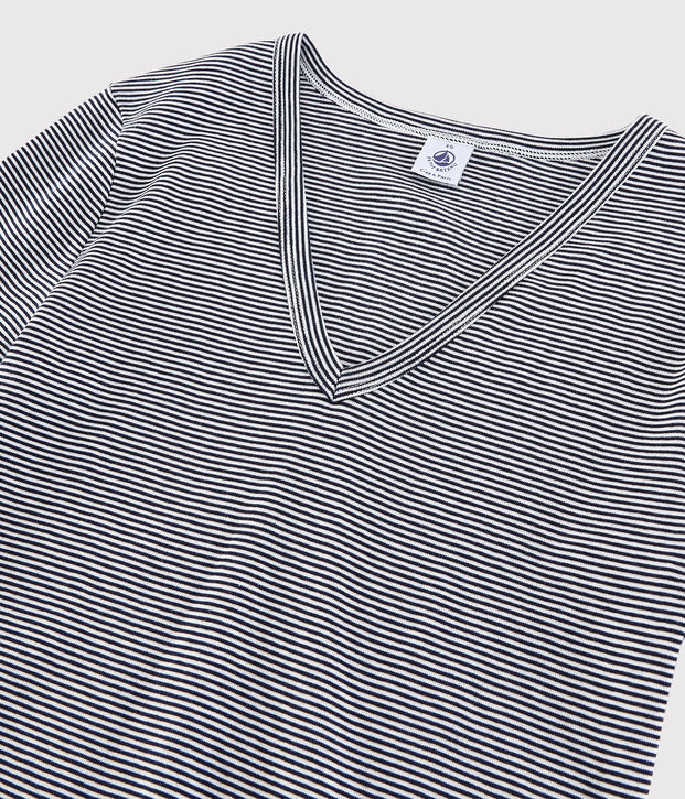 Iconisch gestreept Dames t-shirt van katoen met V-hals blauw/wit