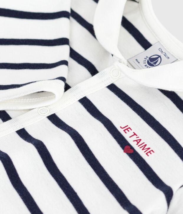 Katoenen babypyjama zonder voetjes met bootkraag en streeepjesprint wit/blauw