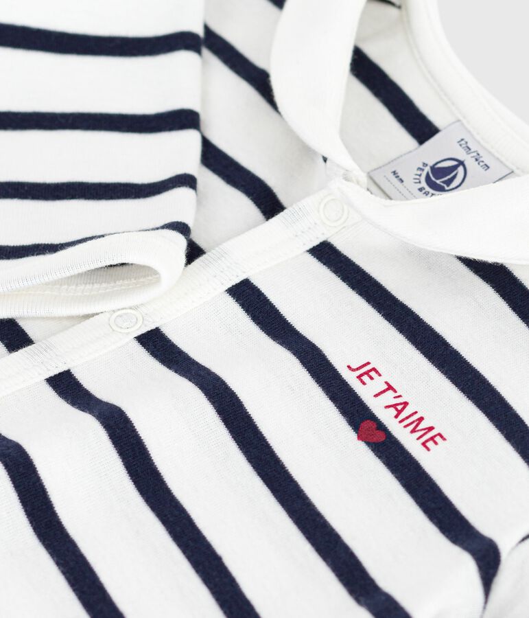 Katoenen babypyjama zonder voetjes met bootkraag en streeepjesprint wit/blauw