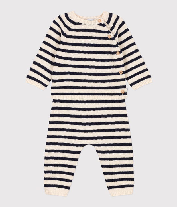 Ensemble en tricot laine et coton rayure marini&egrave;re b&eacute;b&eacute; &eacute;cru/bleu