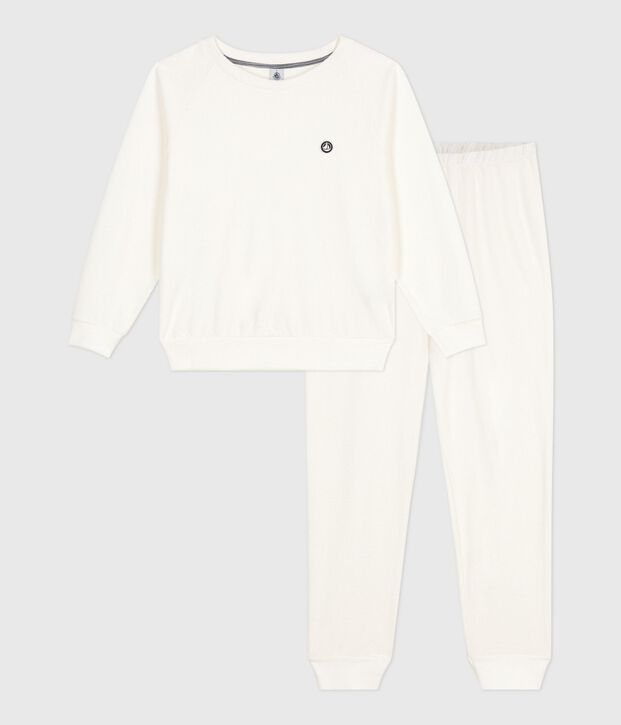 Pyjama femme en coton &eacute;ponge uni blanc cass&eacute;