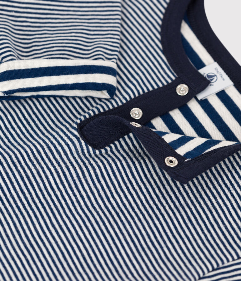 Tee-shirt manches longues b&eacute;b&eacute; milleraies en tubique bleu/beige