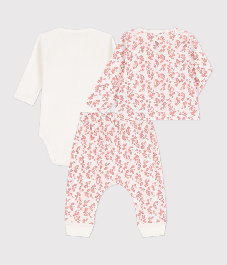 Ensemble 3 pi&egrave;ces b&eacute;b&eacute; imprim&eacute; Hawa&iuml; en coton bio blanc/rose