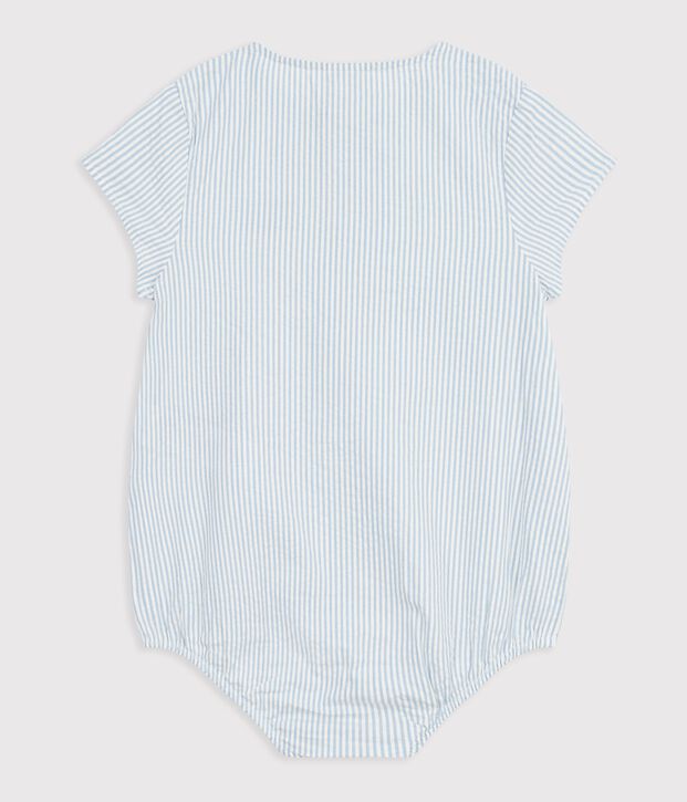 Katoenen babyspeelpakje met korte mouwen en strepen blauw/blauw