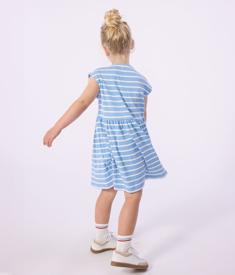Mouwloze katoenen kinderjurk met strepen blauw/wit