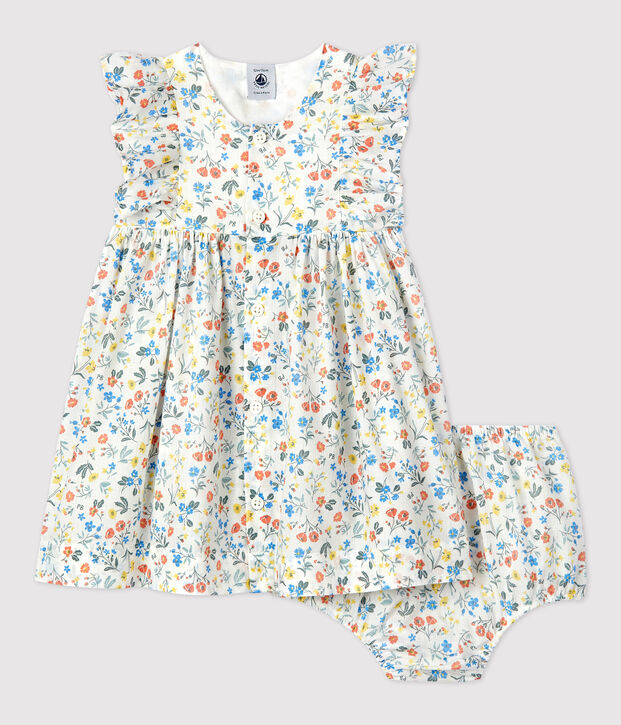Popeline jurk en bloomer met bloemenprint voor baby's wit/multicouleur