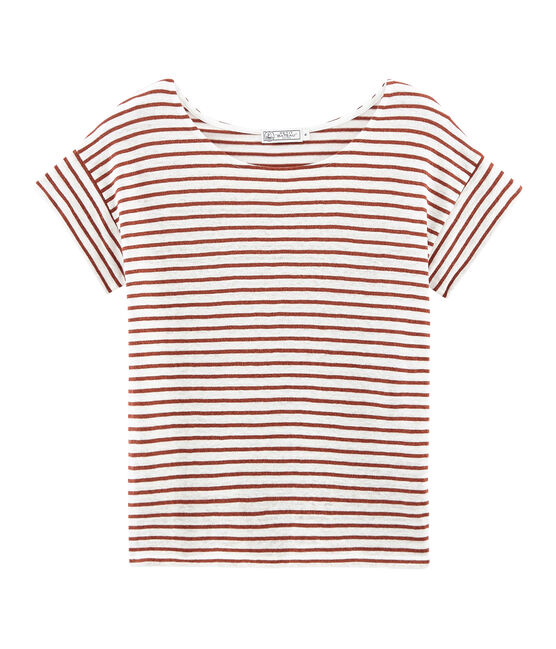 Dames-t-shirt met korte mouwen in linnen wit MARSHMALLOW/roze COPPER CN