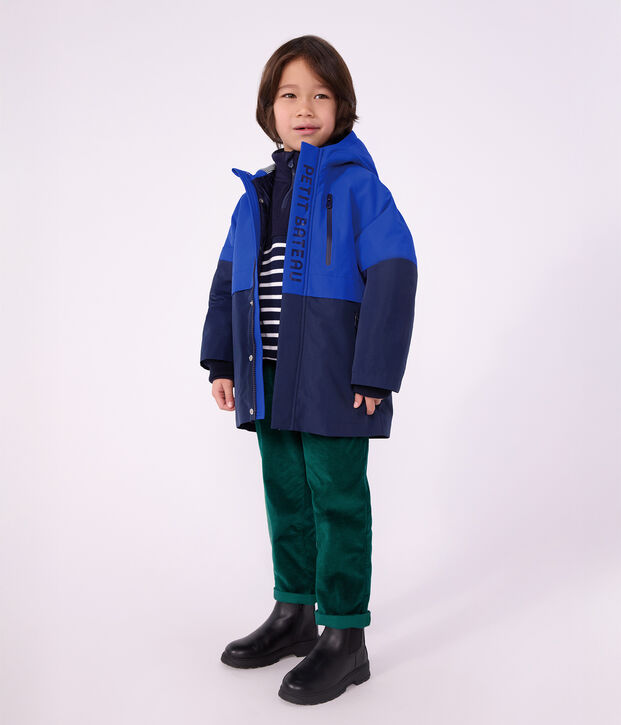 Parka enfant mi-longue unie colorblock bleu/multicouleur
