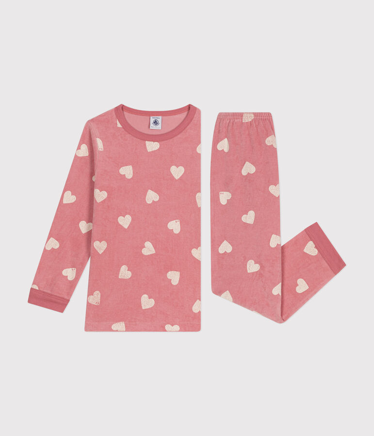 Fluwelen pyjama met hartjesprint voor kidneren roze ROSEWOOD/ MARSHMALLOW