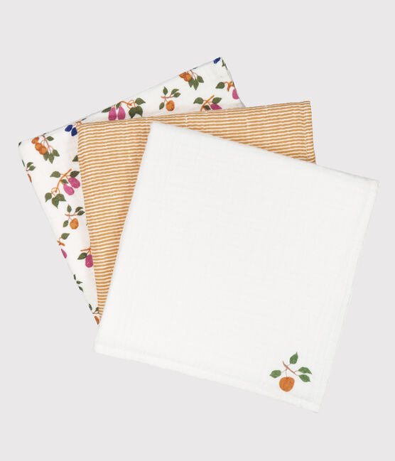 Setje met 3 babyluiers met vruchtenprint en fijngeribd velours MARSHMALLOW/ BOUDOR/ MULTICO