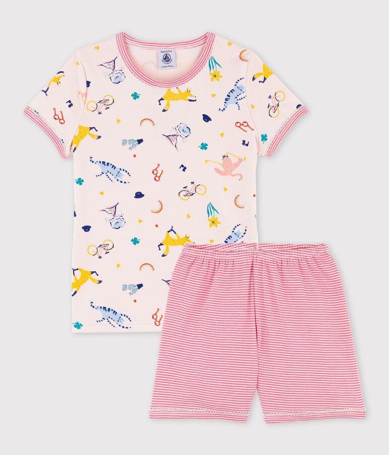 Pyjacourt imprim&eacute; animaux yoga petite fille en coton rose/multicouleur