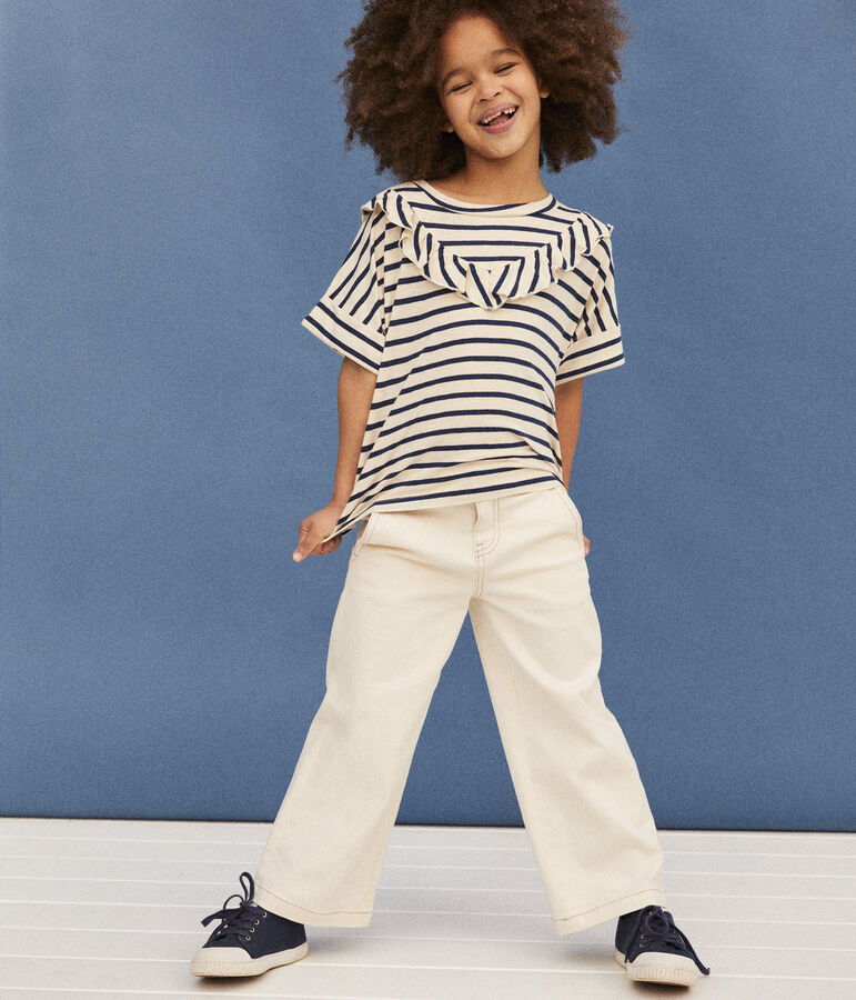Katoenen T-shirt met korte mouwen voor meisjes ecru/blauw