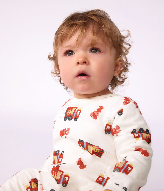 Babypyjama van tubic met sluiting op de rug en brandweerprint wit/multicouleur