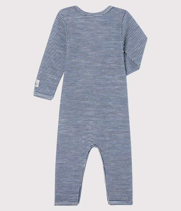 Rompertje lange pijpen met strepen van wol en katoen baby blauw/wit