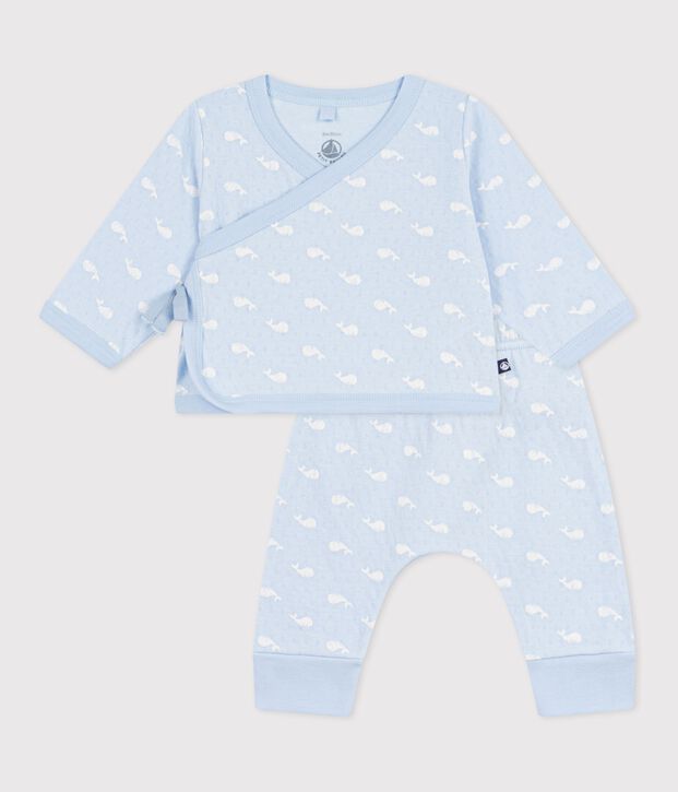 Tweedelig lang babysetje van katoen met walvisprint blauw/ecru