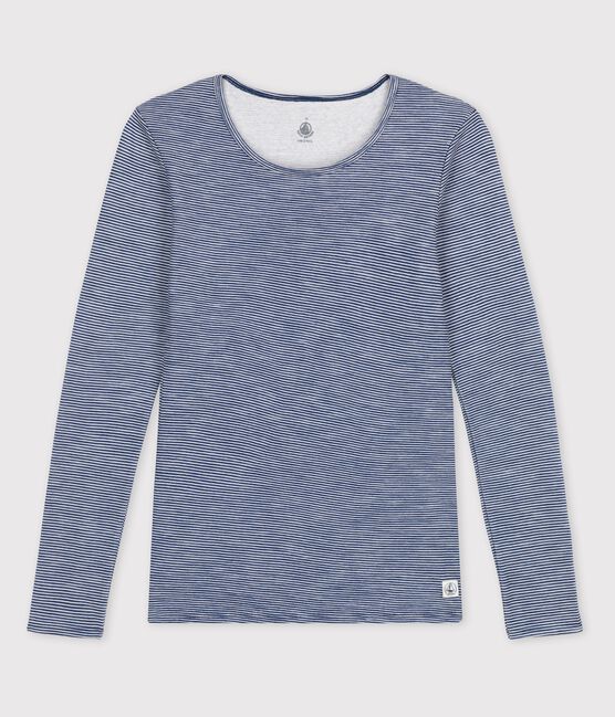Gestreept Dames t-shirt van wol en katoen blauw SMOKING/wit MARSHMALLOW