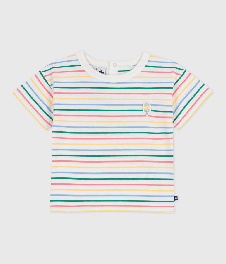 Katoenen T-shirt met korte mouwen en streepjes voor baby's wit/multicouleur