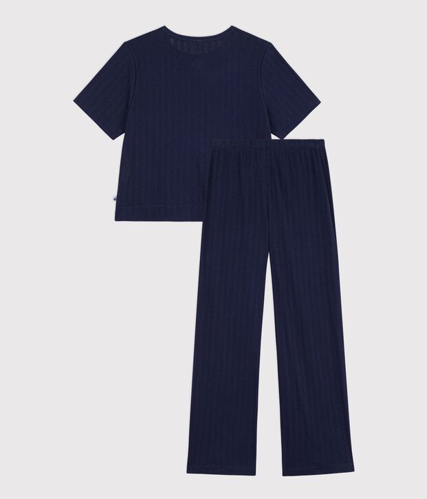 Pyjama manches courtes femme en coton ajour&eacute; bleu