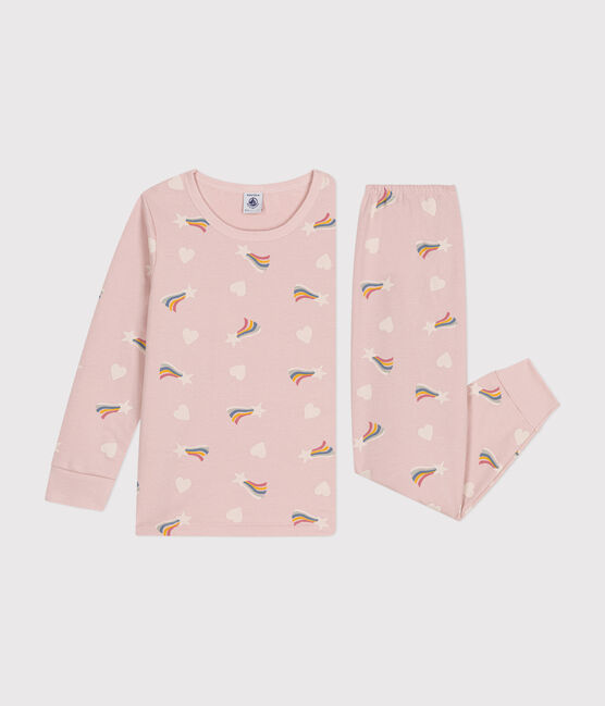 Kinderpyjama van geruwde fleece met sterren- en hartjesprint roze SALINE/wit MULTICO