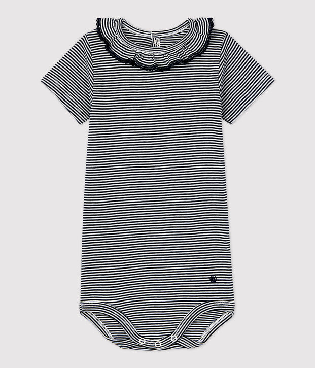 Body &agrave; collerette ray&eacute; milleraies en coton bio b&eacute;b&eacute; bleu/blanc